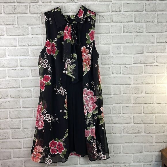 Robbie Bee Sleeveless Floral Dress Tie Back Mock Neck Overlay Size 14 - Picture 2 of 7
